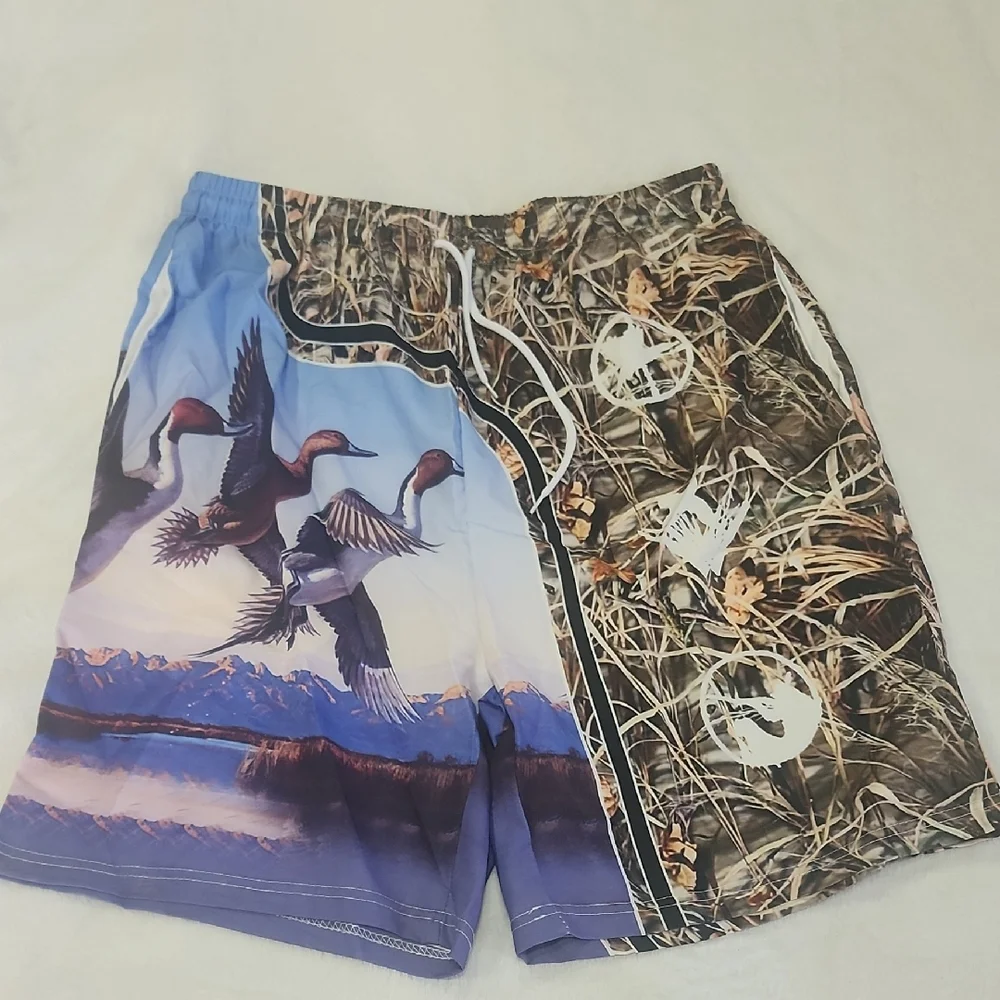 Men's Swim Shorts with Bird Print - Blue and Green